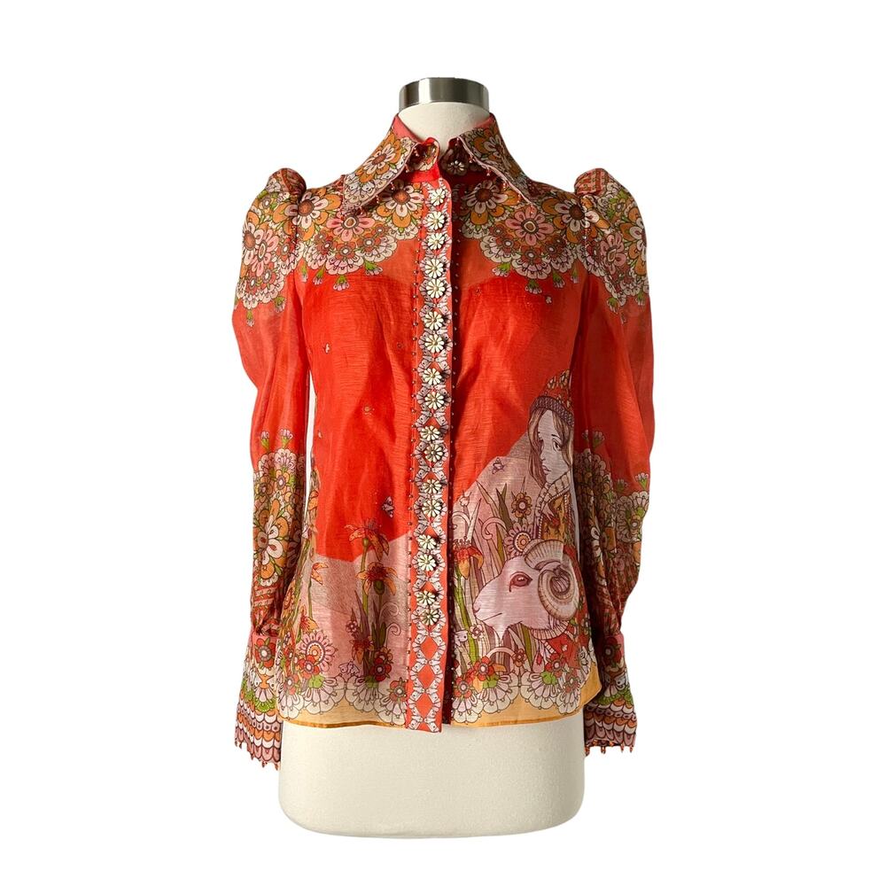 Zimmermann Kaleidoscope Zodiac Aries Top Shirt Red Orange Floral Linen Silk 0P - Picture 10 of 10
